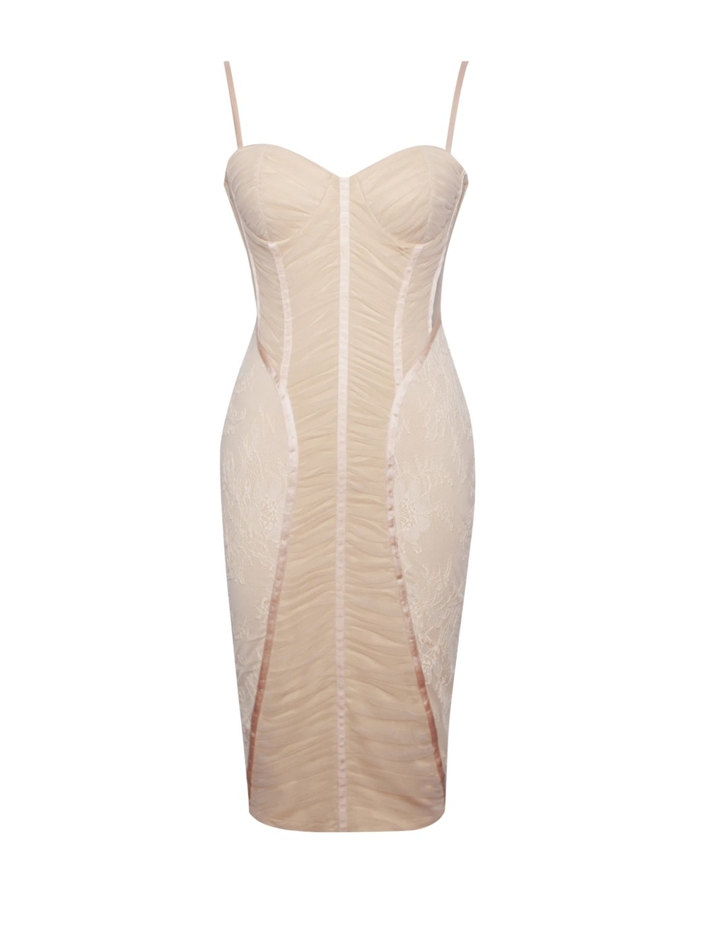 Strapless Ruched Midi Dress in Beige